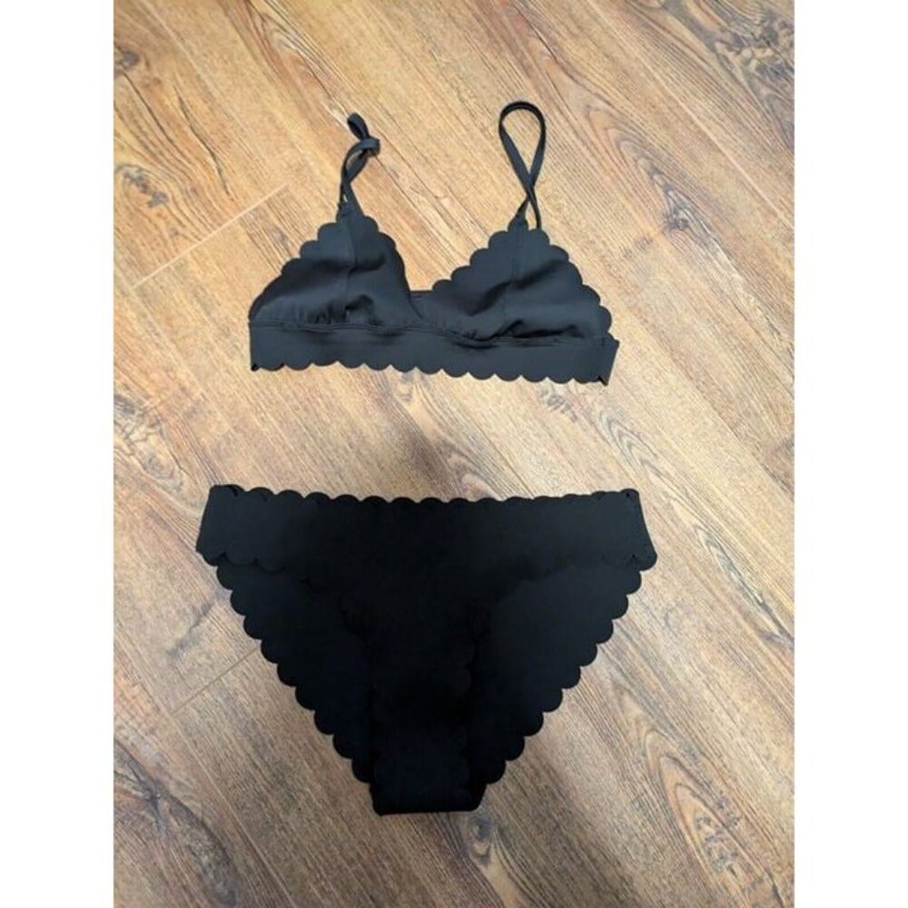 Missguided Black Scalloped Bikini Top & High Waisted Bottom Swimsuit US 8